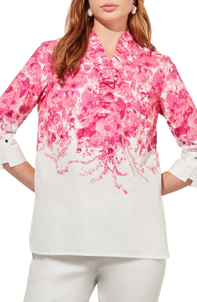 Ming Wang Ruffle Collar Floral Cotton Shirt, Main, color, 