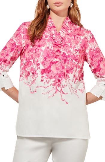 Ming Wang Ruffle Collar Floral Cotton Shirt In Pink