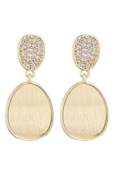Pavé Cubic Zirconia Satin Finish Drop Earrings