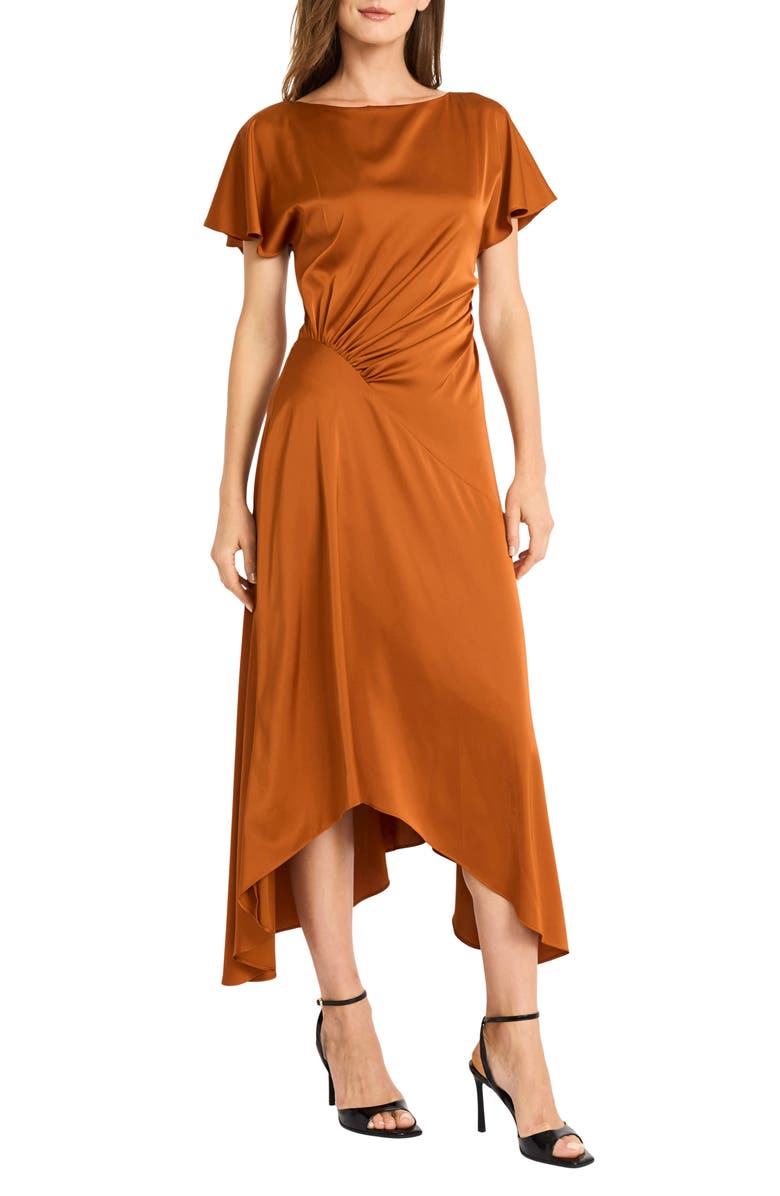Maggy London Short Sleeve Asymmetric Hem Satin Midi Dress, Main, color, Fired Brick