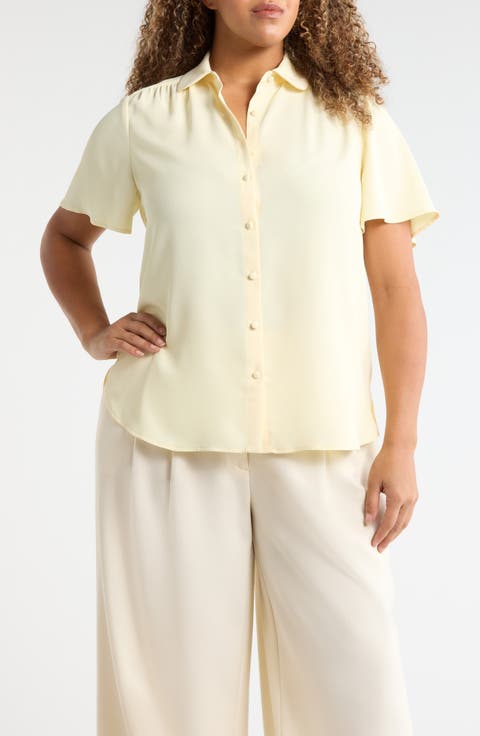 Shirred Short Sleeve Button-Up Shirt (Plus)