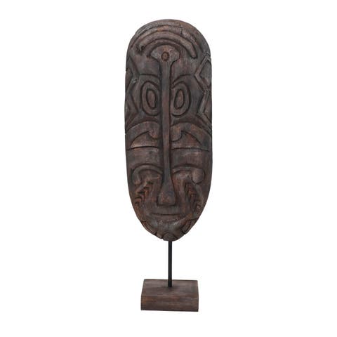 Hand-Carved Mango Wood Mask on Stand, Dark Finish