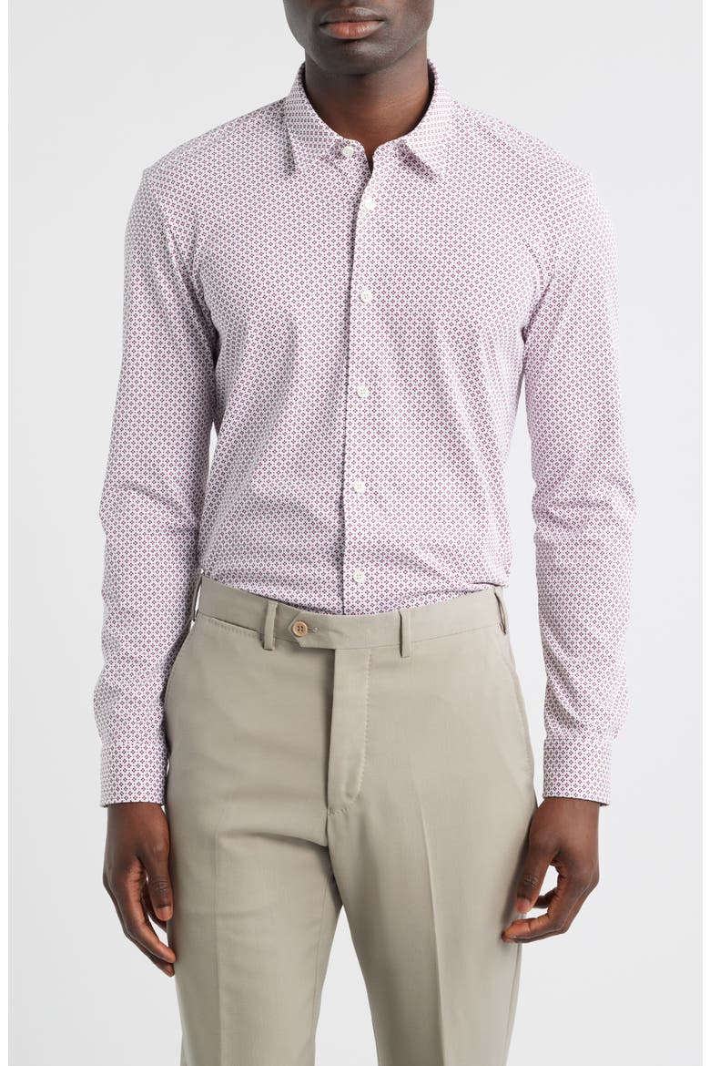 Geo Print Slim Fit Knit Button-Up Shirt, Main, color, DARK RED