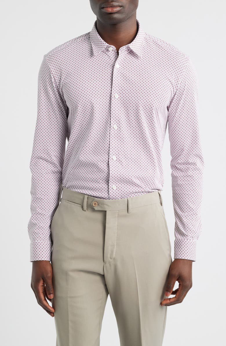 BOSS Geo Print Slim Fit Knit Button-Up Shirt, Main, color, Dark Red