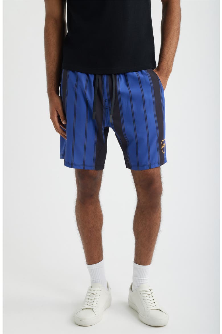 Santo Futbol Tech Stripe Drawstring Shorts, Main, color, BLACK