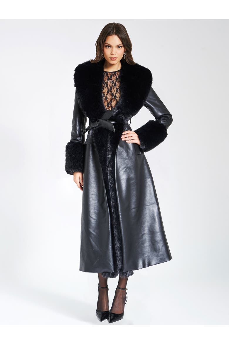 Zaida Full-Length Vegan Leather Fur Trim Coat, Alternate, color, Black