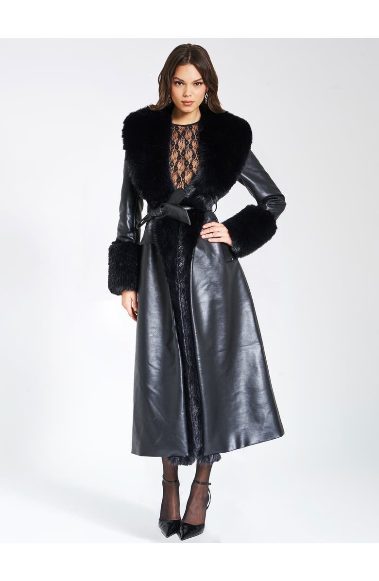 Miss Circle Zaida Full-Length Vegan Leather Fur Trim Coat, Alternate, color, Black