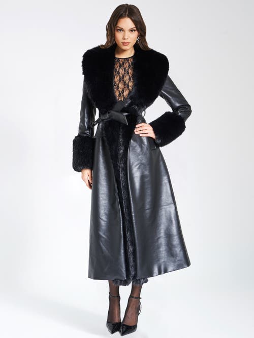 Miss Circle Zaida Full-length Vegan Leather Fur Trim Coat In Black