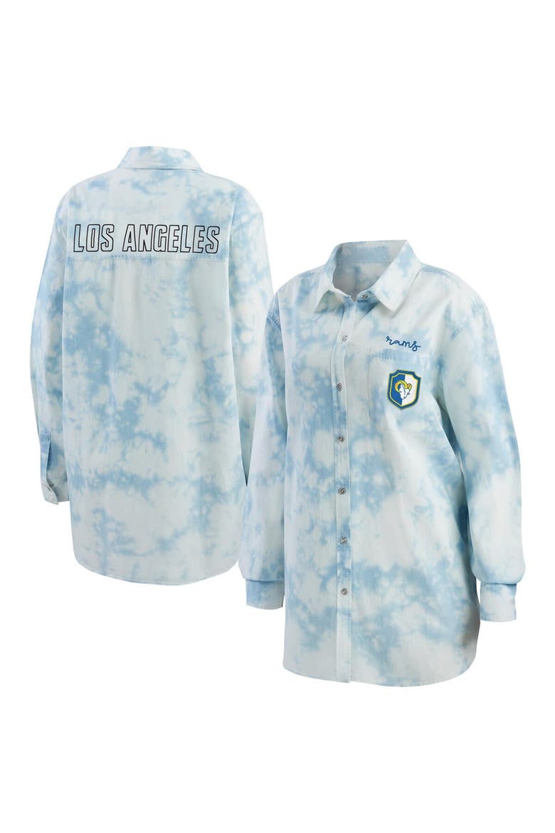 Women's WEAR by Erin Andrews Denim Los Angeles Rams Chambray Acid-Washed Long Sleeve Button-Up Shirt video