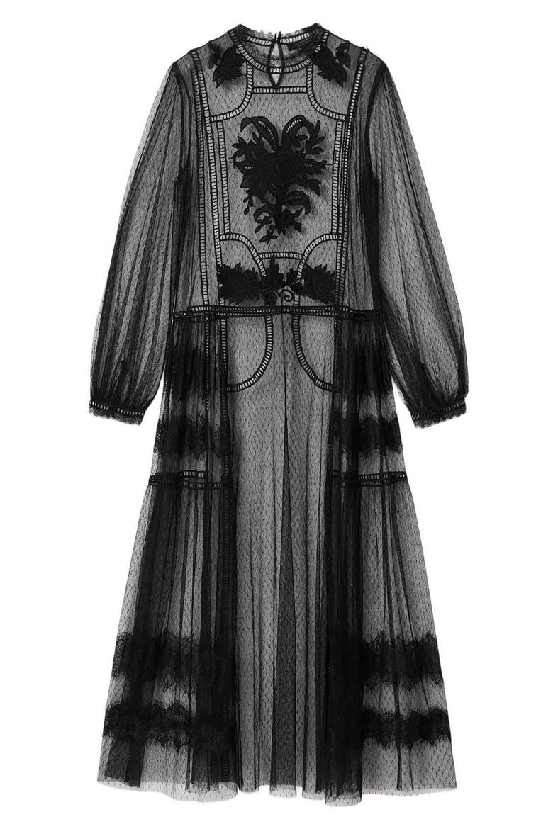 Cesca Embroidered Tulle Maxi Dress, Alternate, color, BLACK