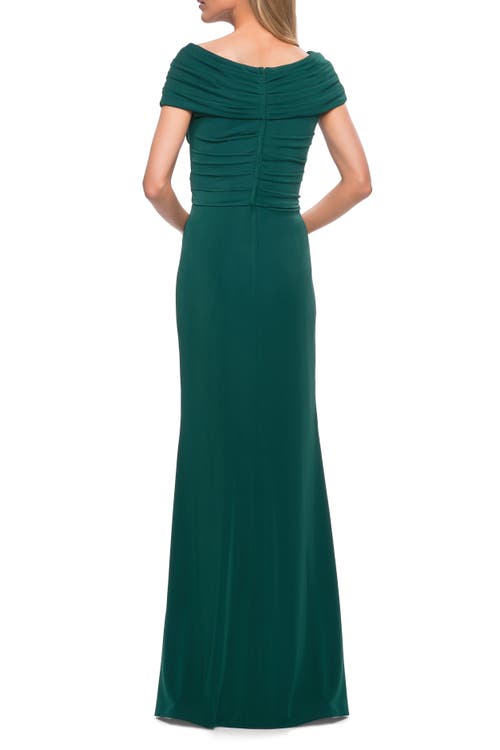 La Femme Ruched Jersey Long Gown With V-neckline In Emerald