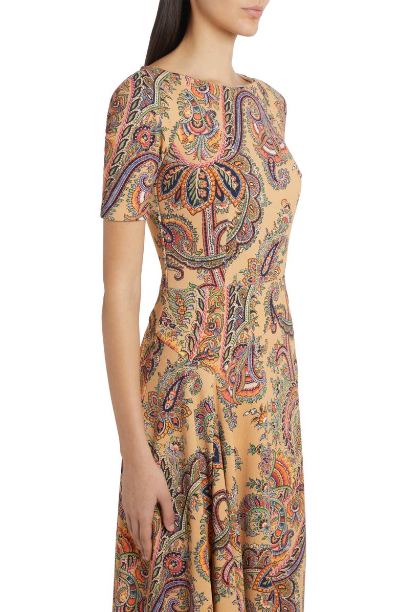 Etro Paisley Short Sleeve Crepe A-Line Dress, Alternate, color, 