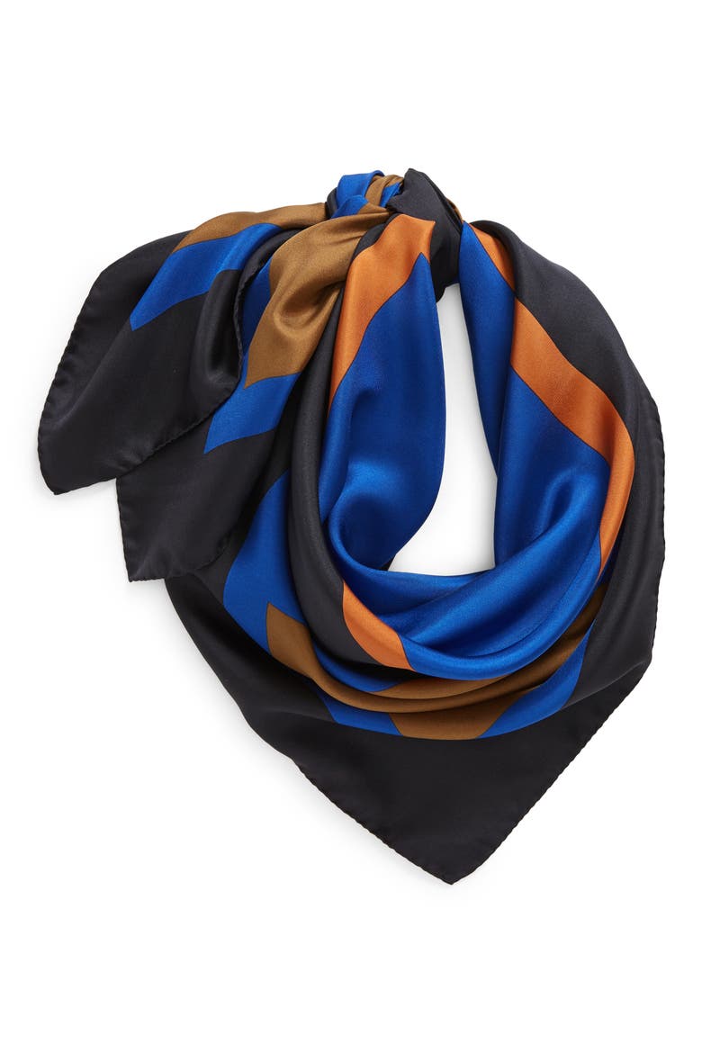 Carre Forme Geo Print Silk Square Scarf, Alternate, color, ROYAL/ BLACK