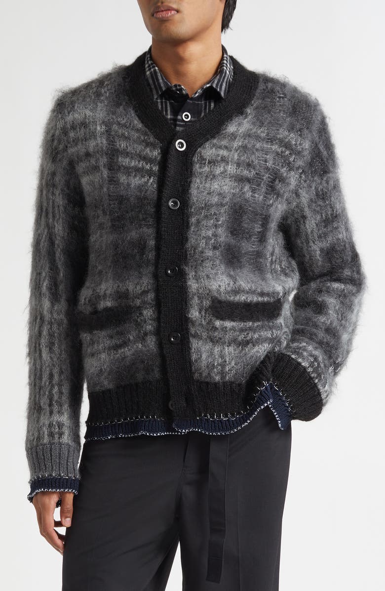 Sacai Plaid Distressed Mohair Blend Cardigan, Main, color, Black