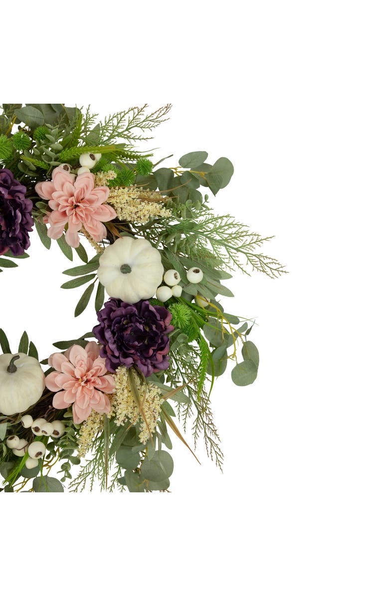 Northlight Peony, Dahlia and Pumpkins Artificial Floral Fall Harvest Wreath - 24", Alternate, color, 