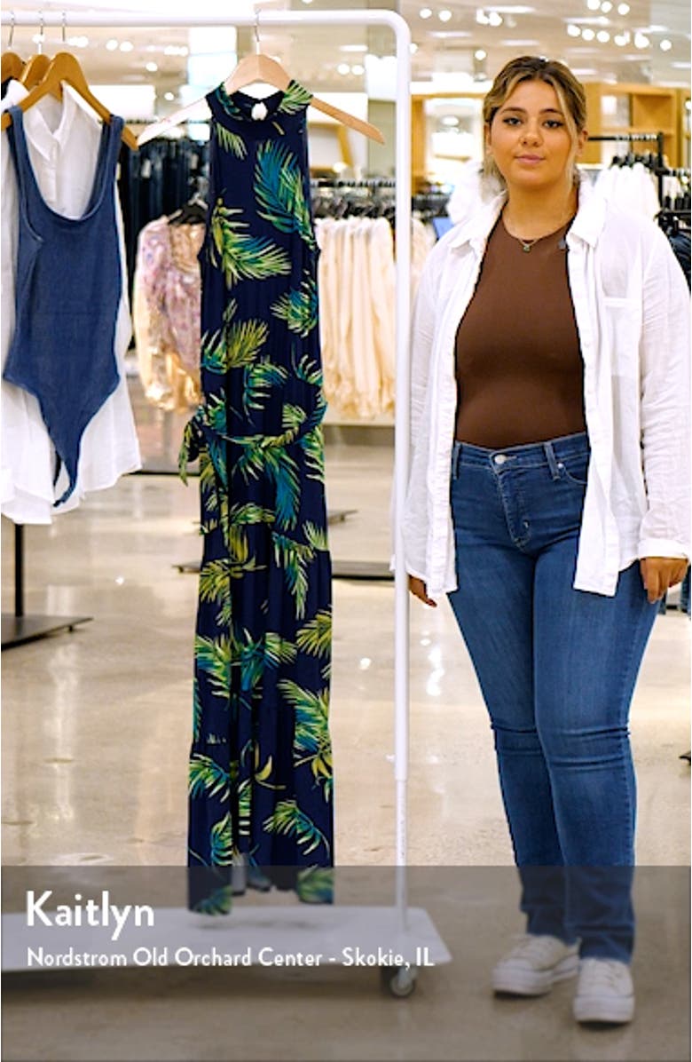 Palm Print Halter Neck Knit Maxi Dress, sales video thumbnail