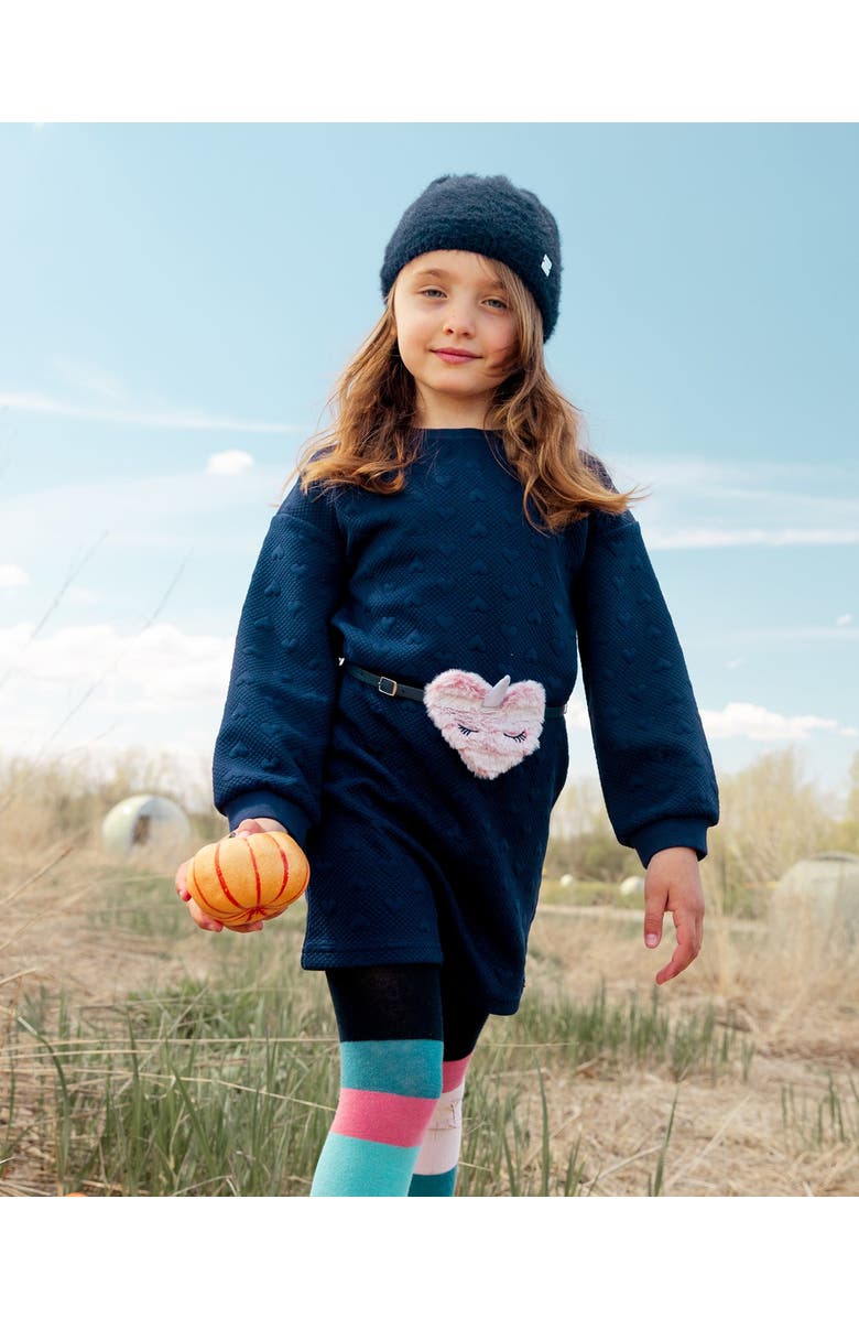 Deux par Deux Little Girl's Quilted Heart Fleece Dress With Belt Navy, Alternate, color, 