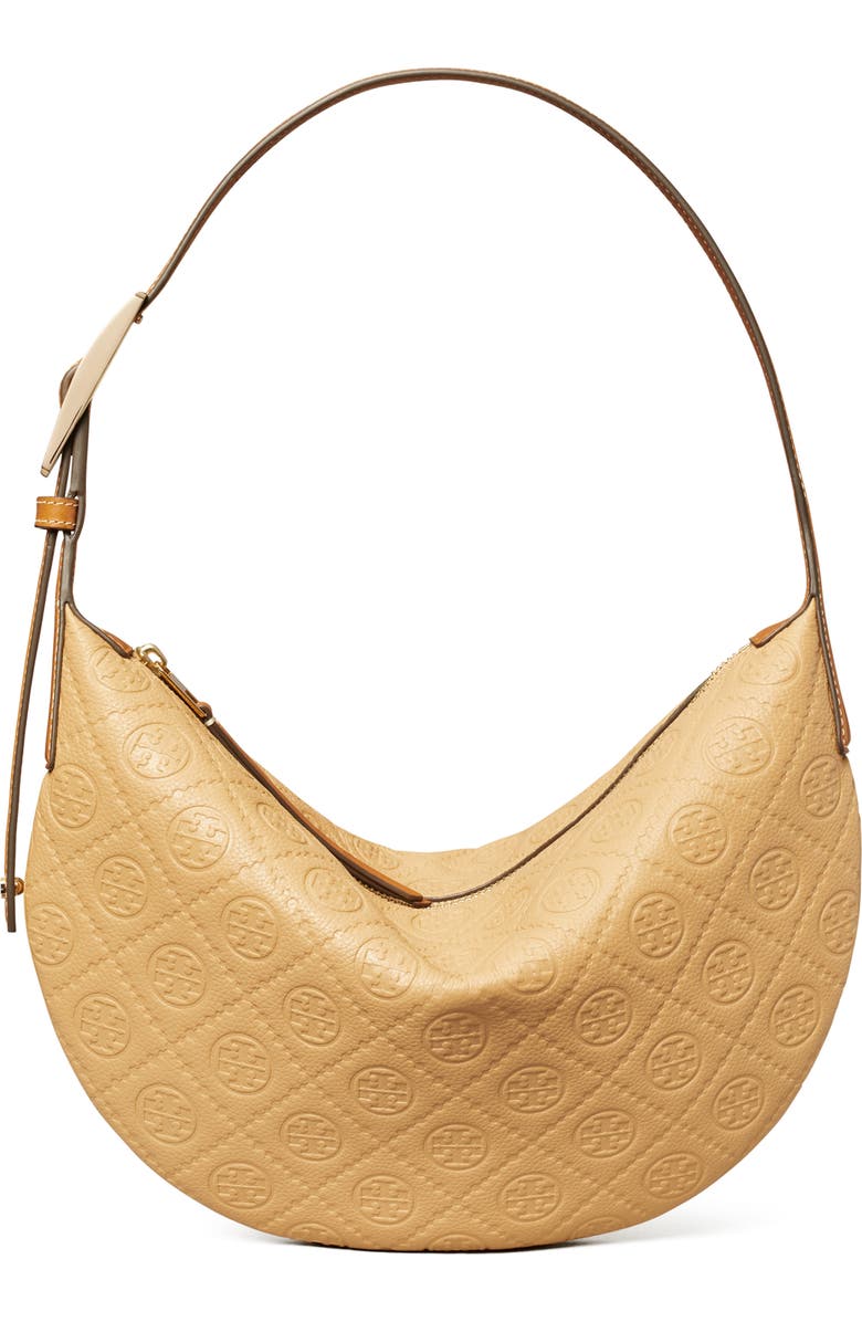 Tory Burch T-Monogram Jacquard Crescent Shoulder Bag, Main, color, Biscotti