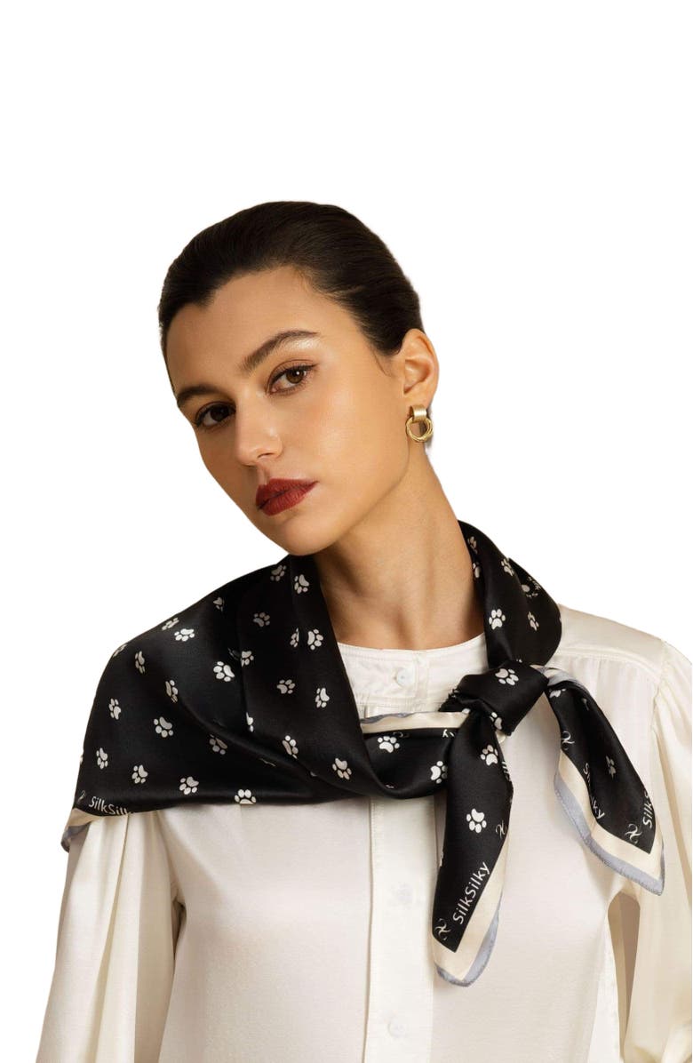 SILKSILKY Pure Silk Paw Print Square Scarf, Alternate, color, Black
