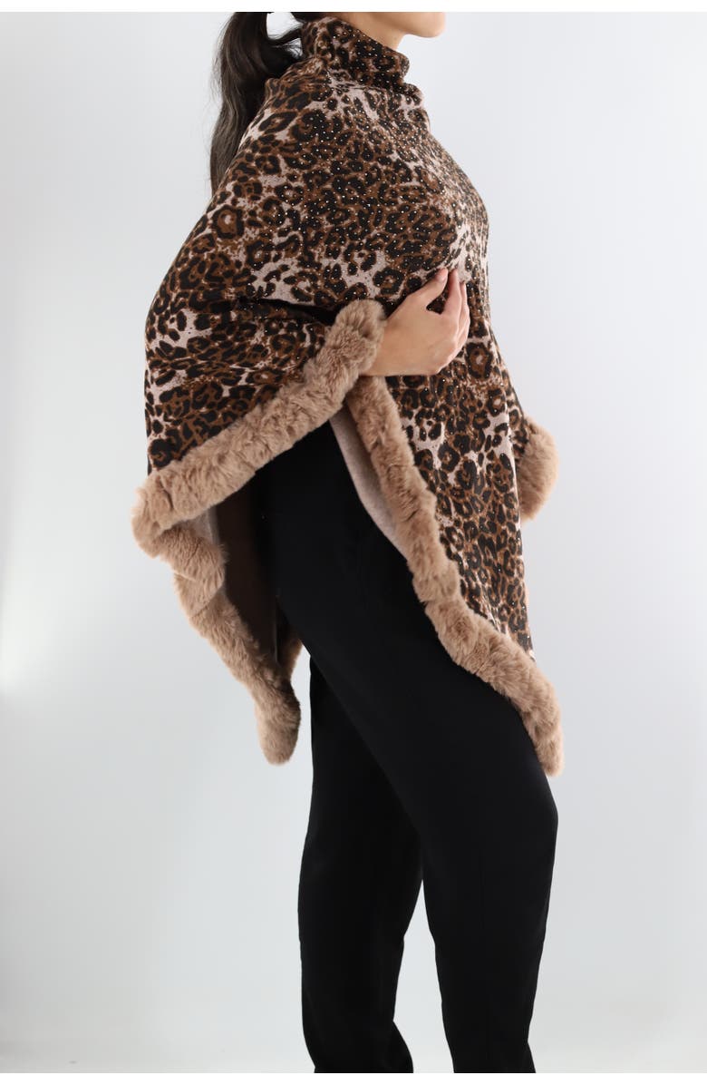 La Fiorentina Animal Print Poncho with Stones/Faux Fur, Alternate, color, Brown