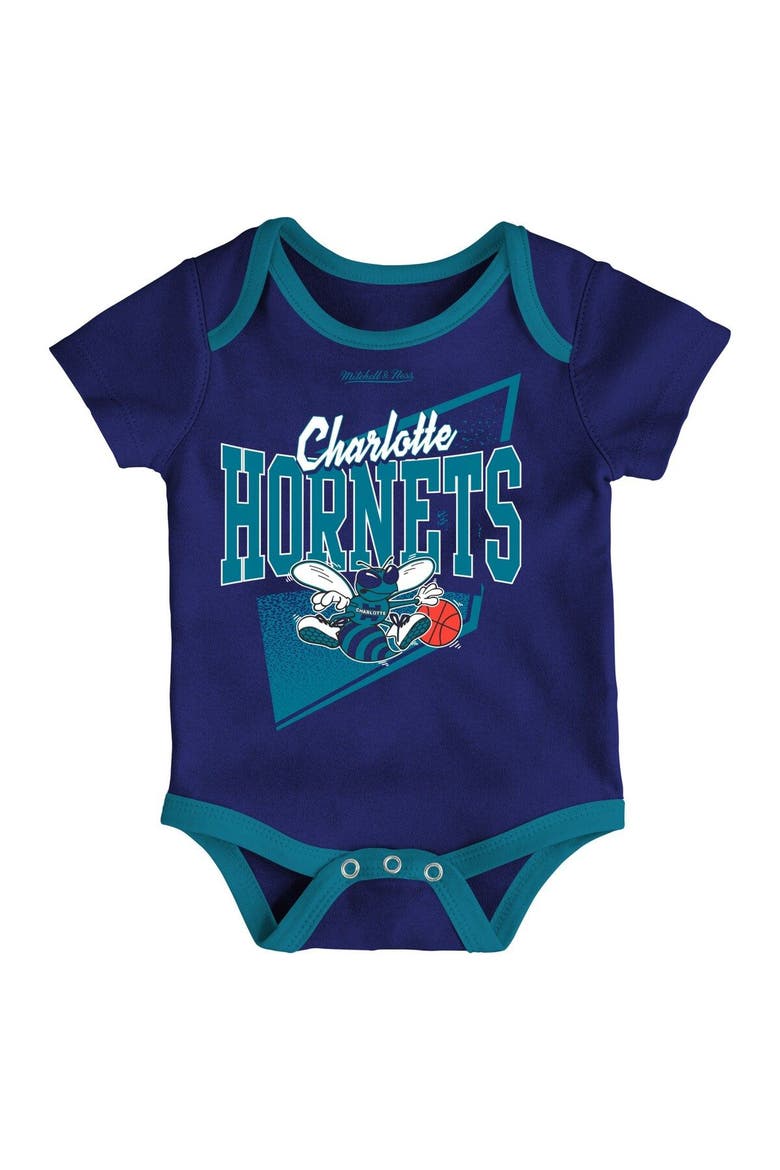 Infant Mitchell & Ness Purple/Teal Charlotte Hornets Hardwood Classics Bodysuits & Cuffed Knit Hat Set, Alternate, color, Purple
