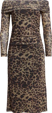 ICHI Ihparda Leopard Print Off the Shoulder Midi Dress