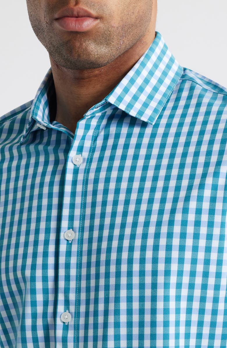Mizzen+Main Leeward Trim Fit Gingham Stretch Button-Up Shirt, Alternate, color, Teal Madison Check