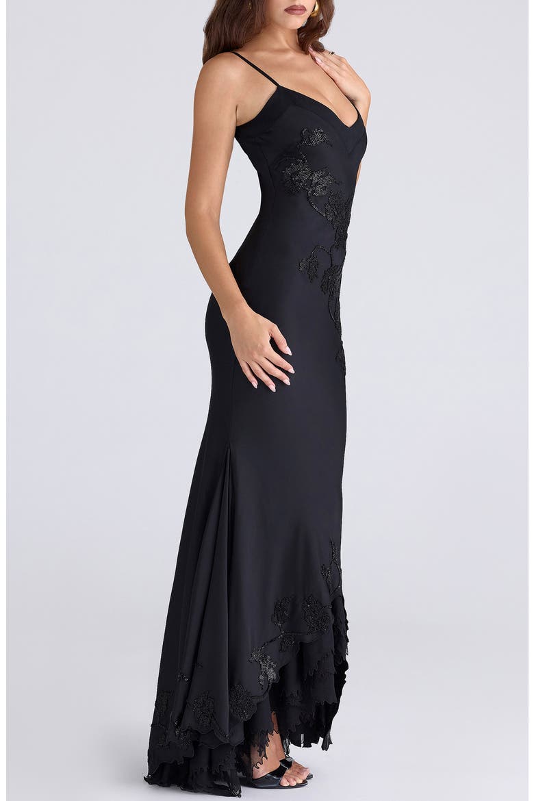 Anastelle Embellished Satin Mermaid Gown, Alternate, color, BLACK