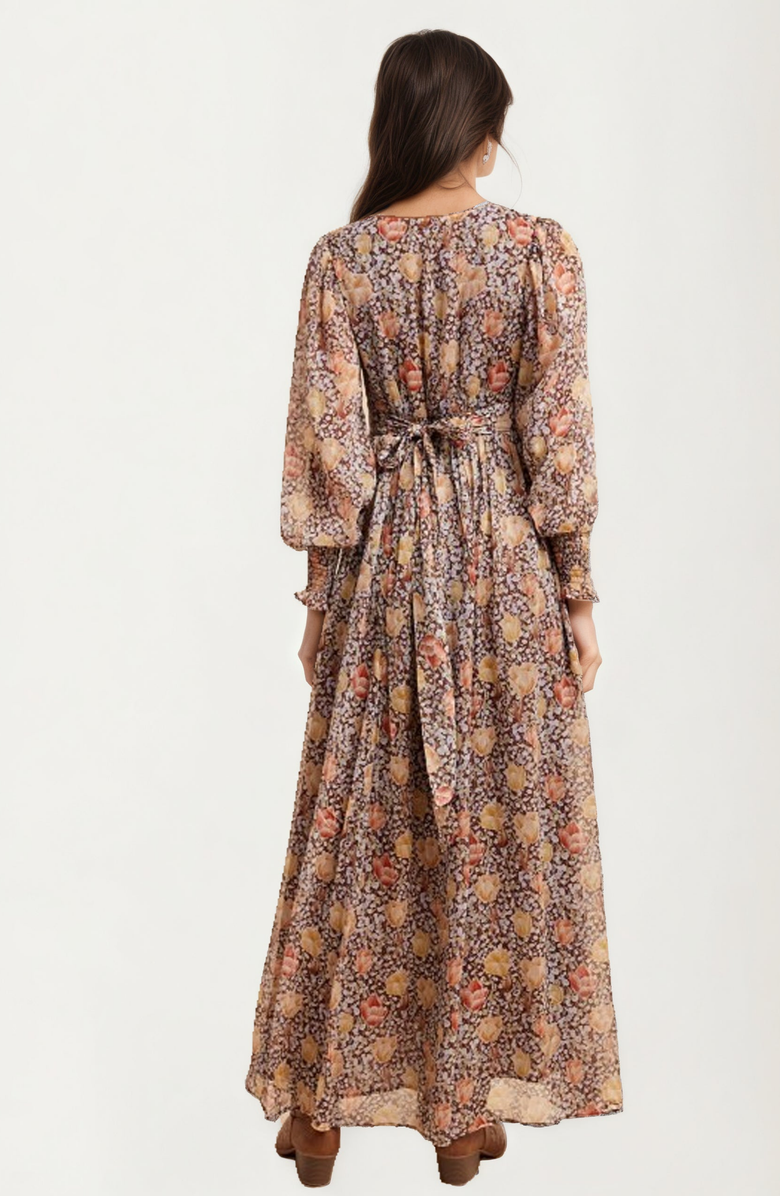 Knit and Lounge Floral Chiffon Smocked Sleeve Flowing Skirt Maxi Dress, Alternate, color, 