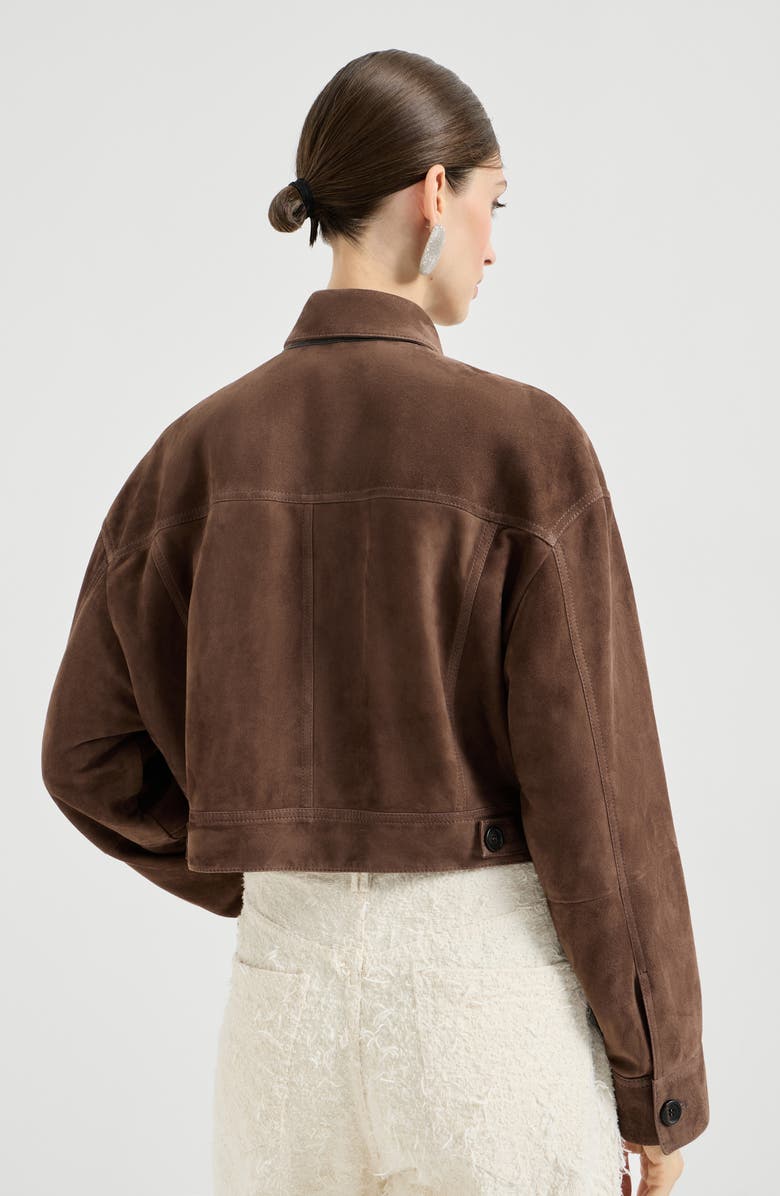 Brunello Cucinelli Couture suede cropped outerwear jacket, Alternate, color, Brown