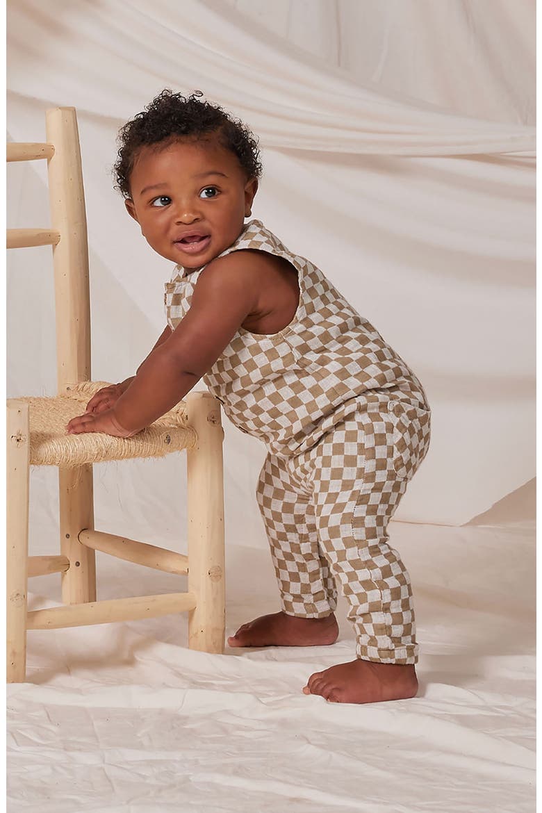 Button Linen & Cotton Romper, Alternate, color, OLIVE-CHECK