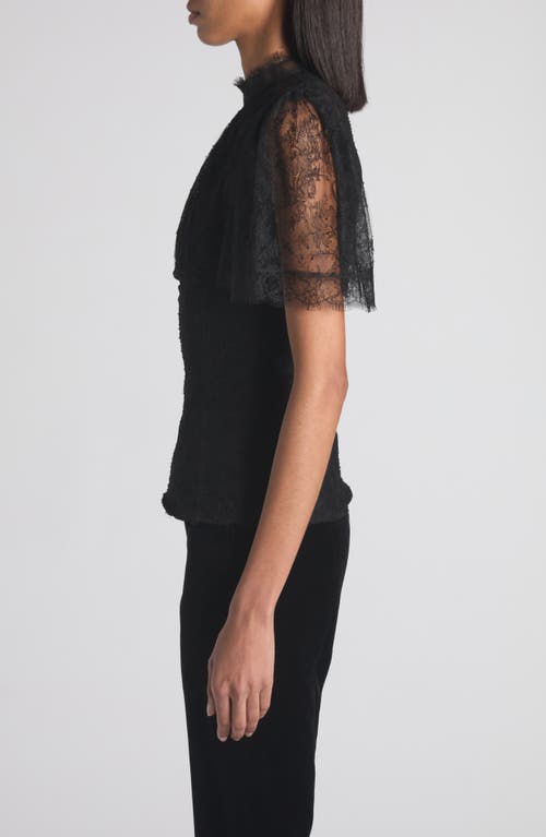Alexander Mcqueen High Neck Sheer Lace Short Sleeve Top In Black