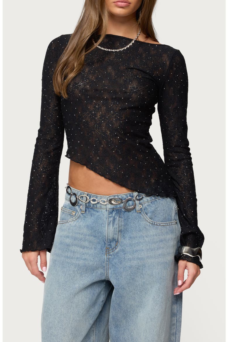 Mare Rhinestone Asymmetric Sheer Lace Top (Women) | Nordstrom