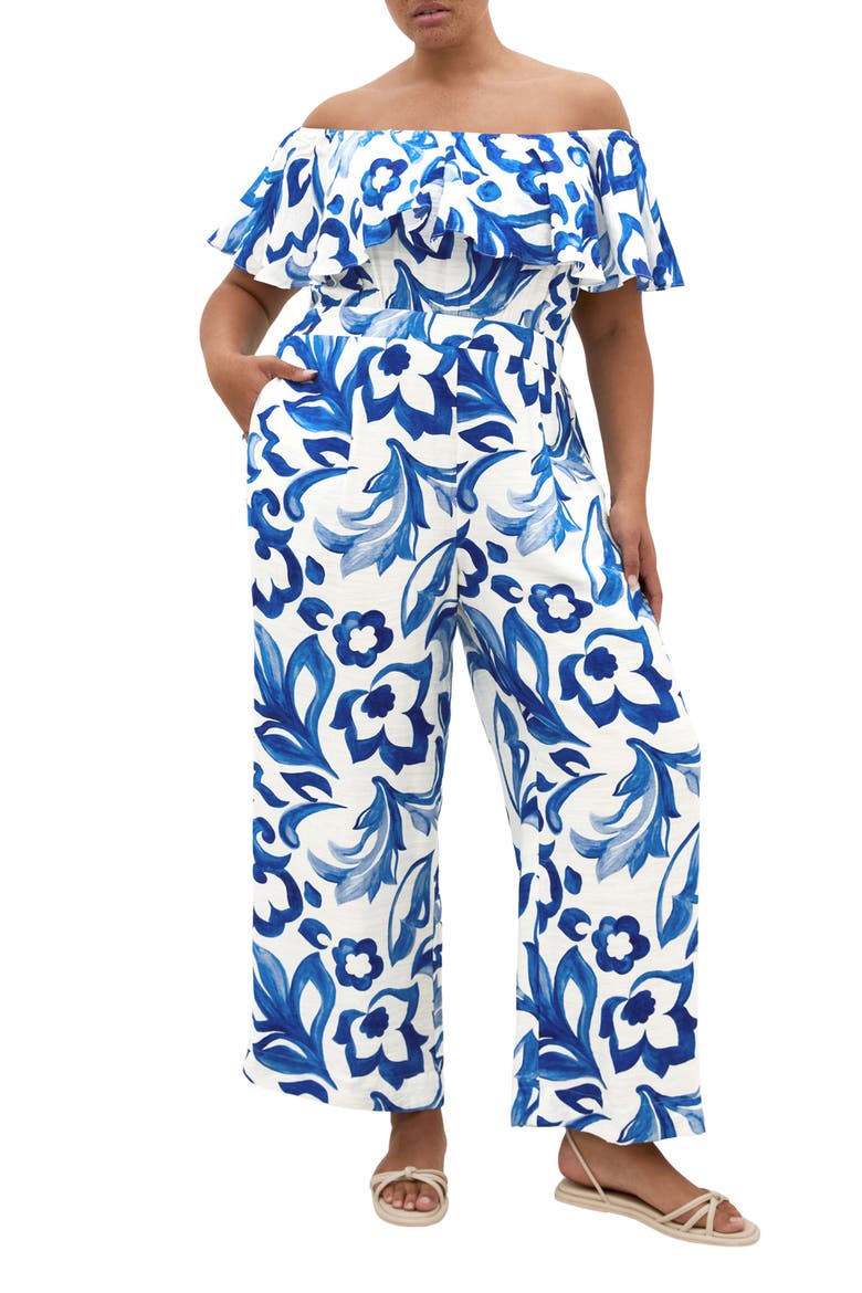 Off the Shoulder Floral Print Jumpsuit, Main, color, MYKONOS