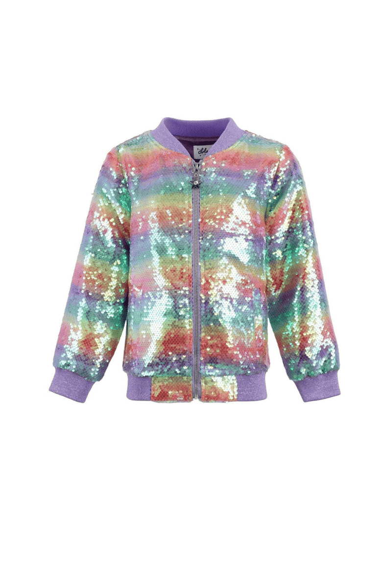 Lola + The Boys Rainbow Sequin Stripe Bomber, Main, color, Purple