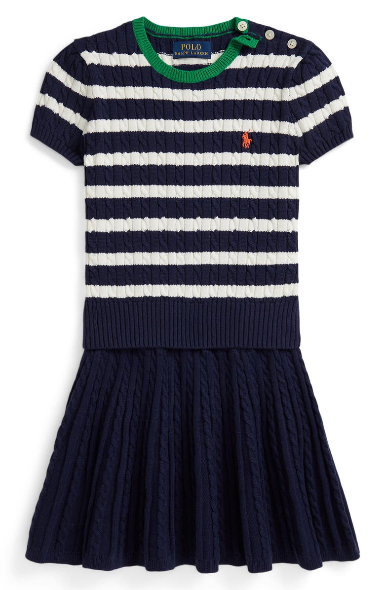 Polo Ralph Lauren Kids' Short Sleeve Cable Knit Sweater & Skirt Set, Main, color, Newport Navy Multi