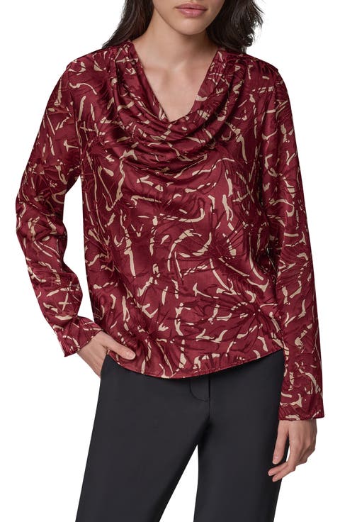 Printed Cowl Neck Burnout Top