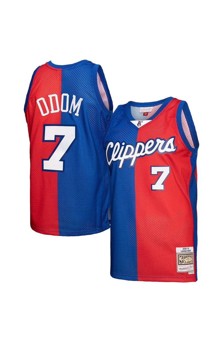 Mitchell & Ness Men's Mitchell & Ness Lamar Odom Royal/Red LA Clippers Hardwood Classics 2000/01 Split Swingman Jersey, Alternate, color, 