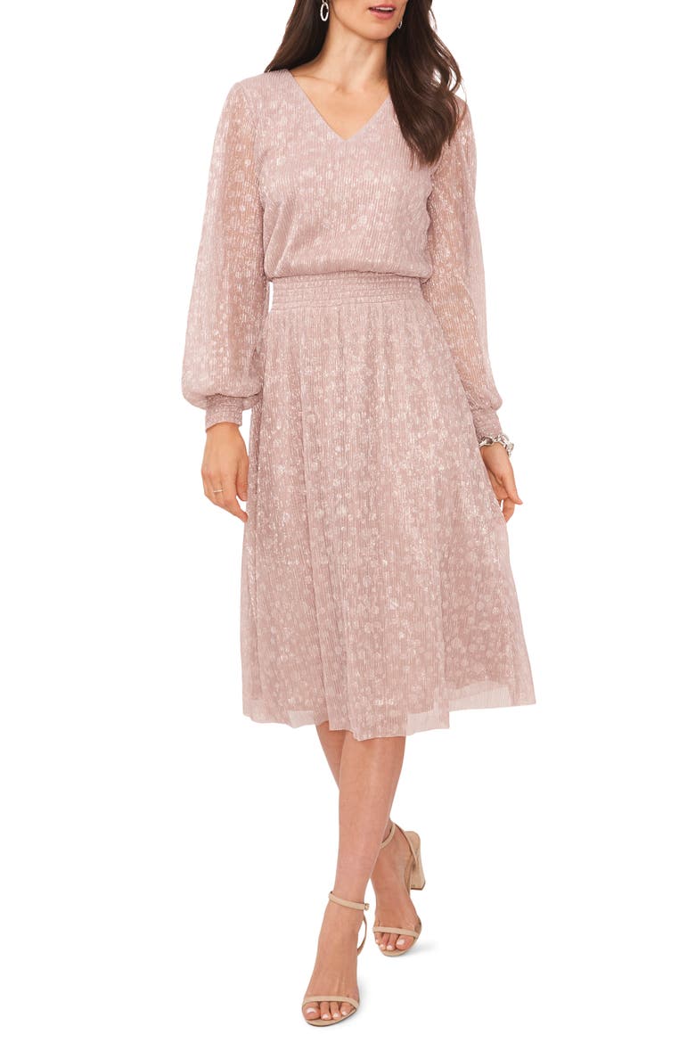 Plissé V-Neck Long Sleeve Midi Dress, Main, color, SERENE MAUVE