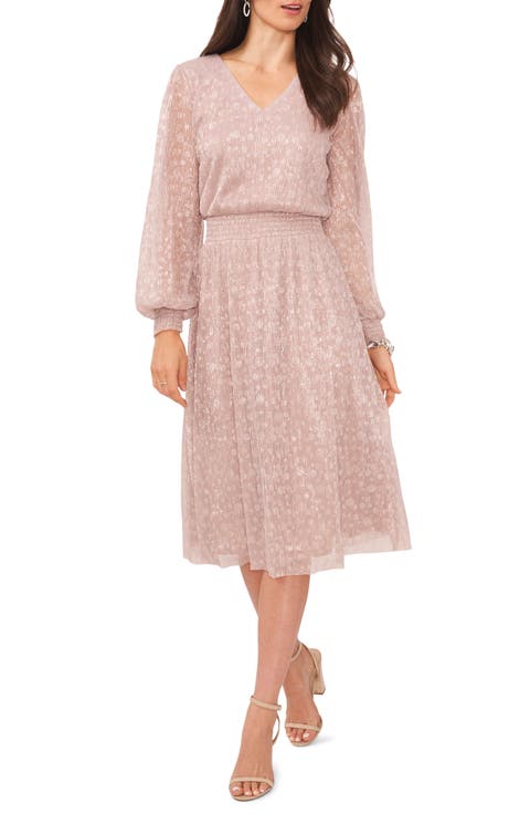 Plissé V-Neck Long Sleeve Midi Dress