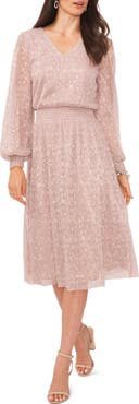 Chaus Plissé V-Neck Long Sleeve Midi Dress