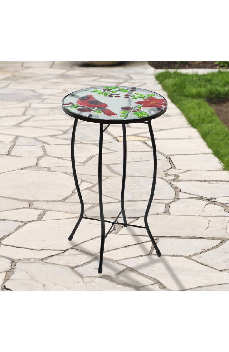 Northlight 19" Red Cardinal and Pine Cone Glass Patio Side Table, Alternate, color, Red