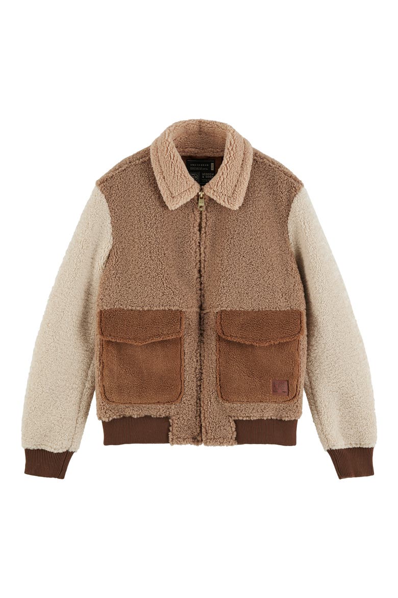 Colorblock Fleece Bomber Jacket, Alternate, color, BROWN