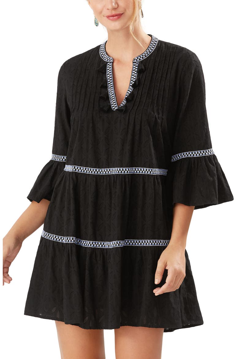 Embroidered Tiered Cotton Dress, Main, color, BLACK