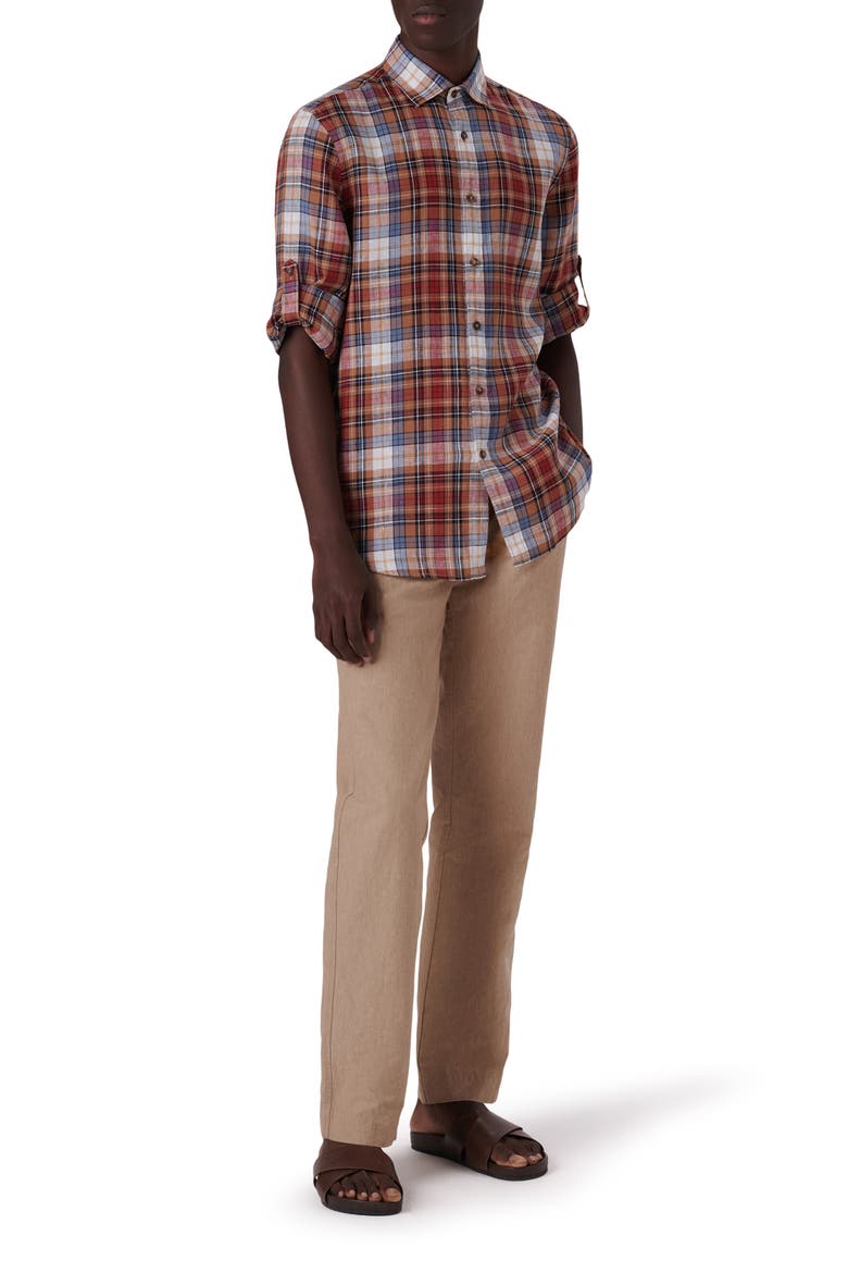 Plaid Linen Button-Up Shirt, Alternate, color, CARAMEL