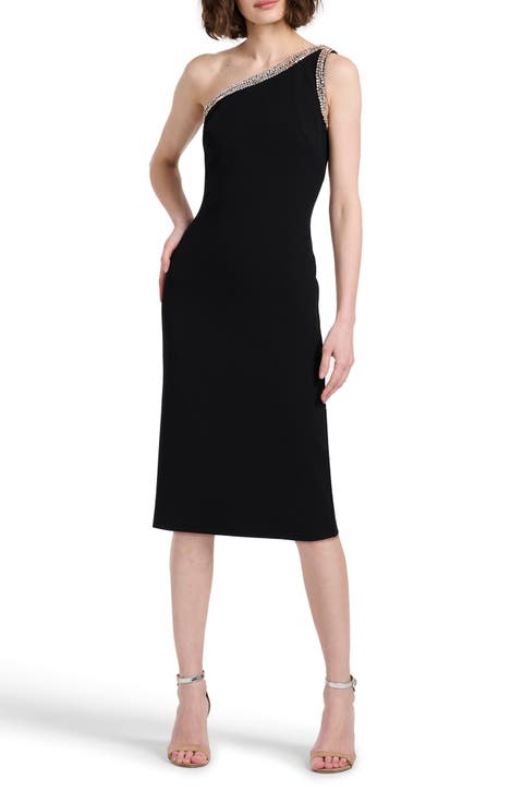 Crystal Trim Stretch Crepe Cocktail Dress