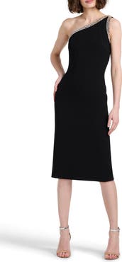 EMILY SHALANT Crystal Trim Stretch Crepe Cocktail Dress