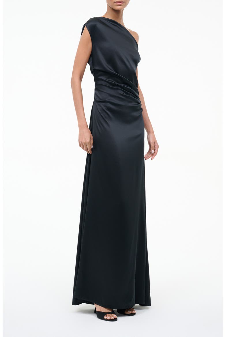 Phare One-Shoulder Stretch Silk Gown, Alternate, color, BLACK
