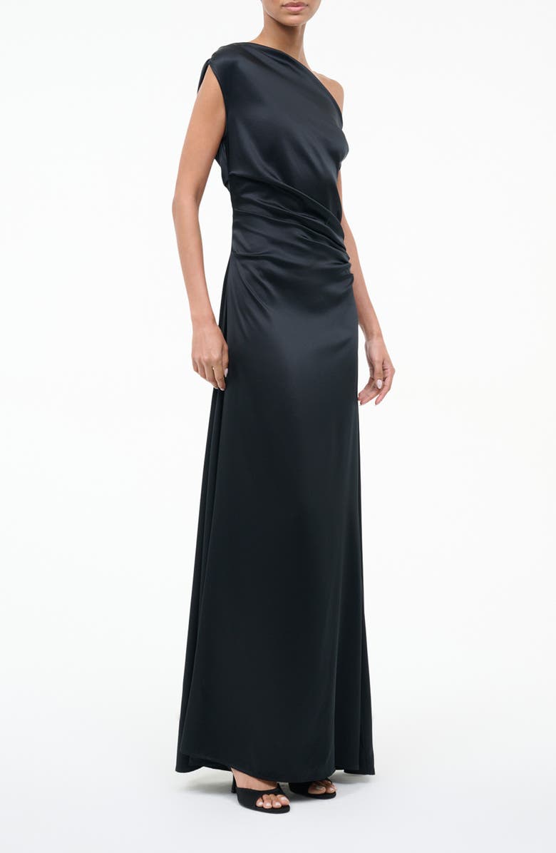 STAUD Phare One-Shoulder Stretch Silk Gown, Alternate, color, Black