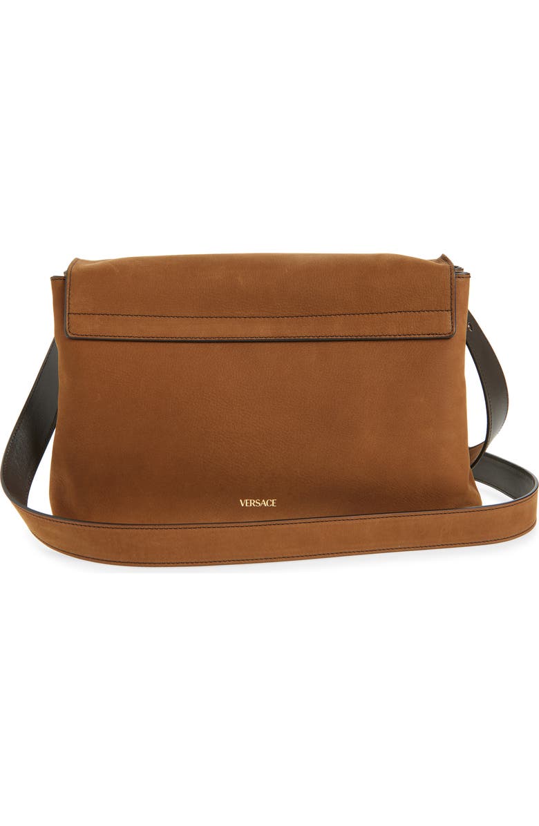 Versace Biggie Nubuck Leather Messenger Bag, Alternate, color, Light Brown-Versace Gold